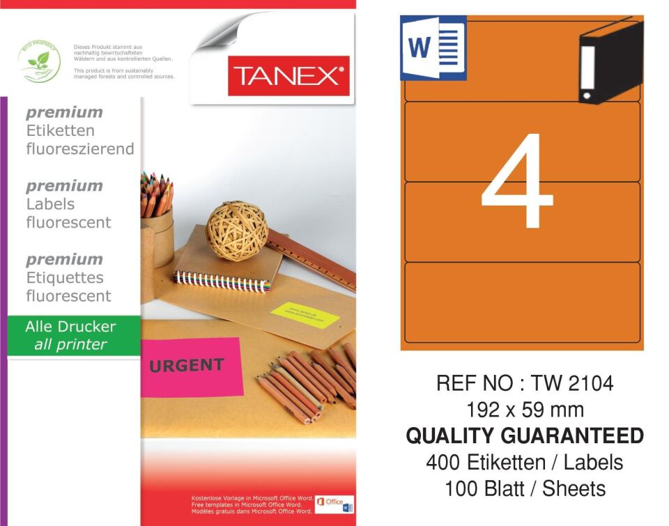 TW-2104 192x59 mm FLO TURUNCU LASER ETİKET