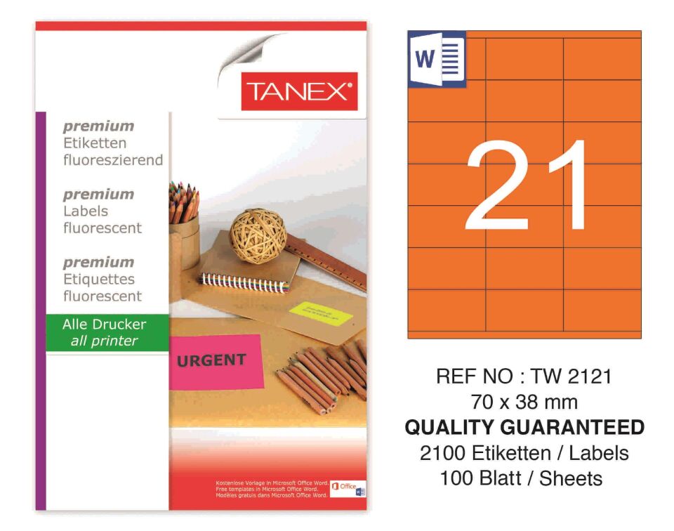 TW-2121 70x38 mm FLO TURUNCU LASER ETİKET