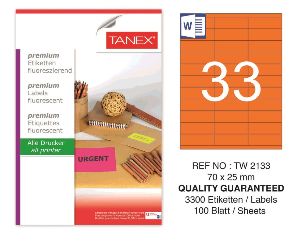 TW-2133 70x25 mm FLO TURUNCU LASER ETİKET