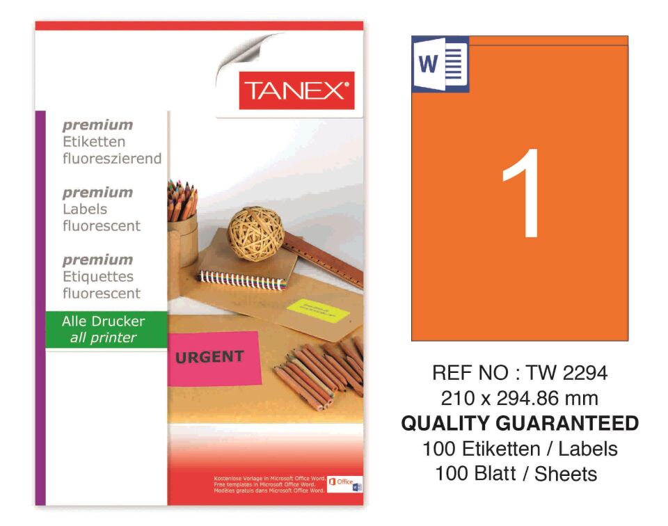 TW-2294 210x294,86 mm FLO TURUNCU LASER ETİKET