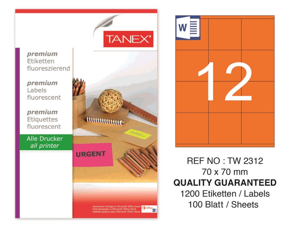 TW-2312 70x70 mm FLO TURUNCU LASER ETİKET