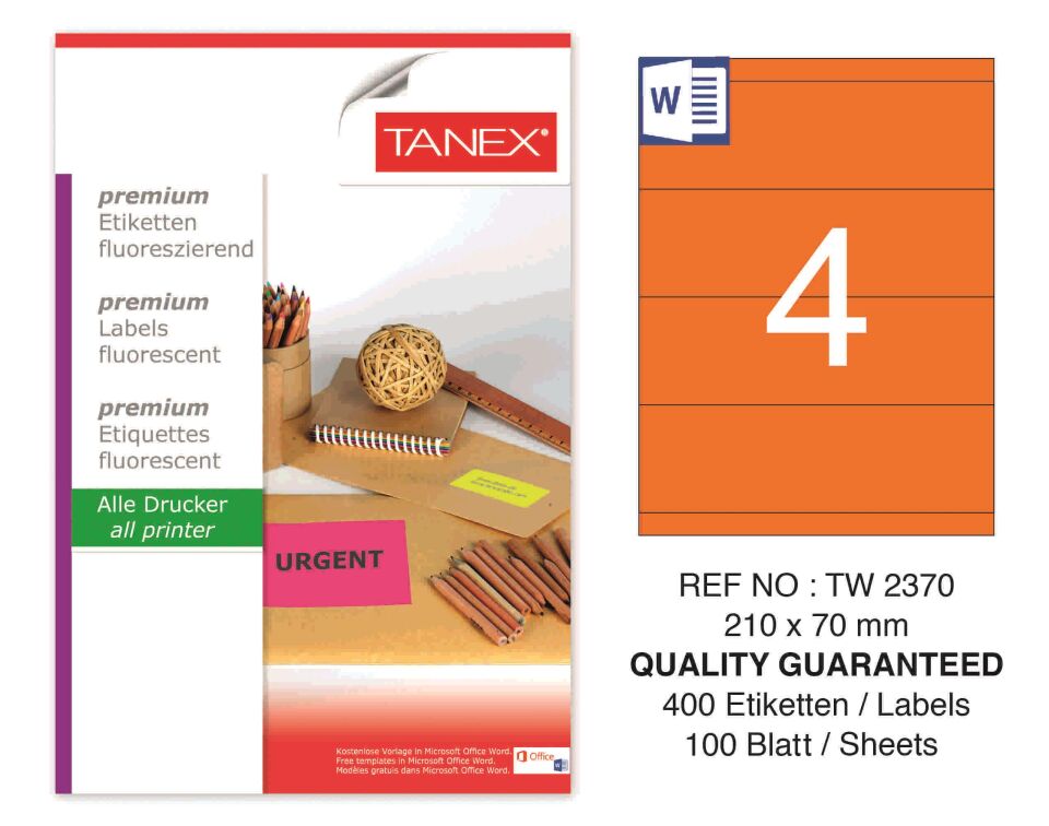 TW-2370 210x70 mm FLO TURUNCU LASER ETİKET