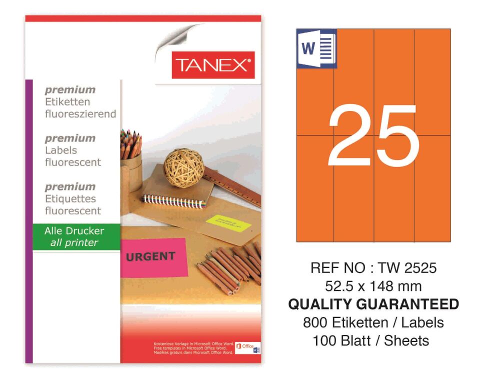 TW-2525 52,5x148,5 mm FLO TURUNCU LASER ETİKET