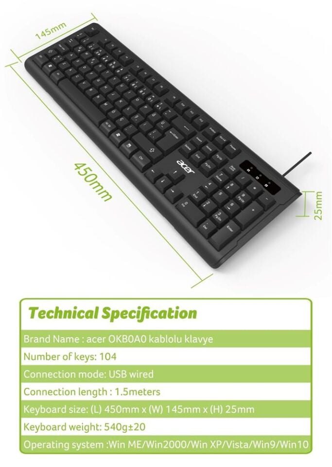 Acer OAK-0A0  Siyah Kablolu Sessiz Tuşlu  Klavye (Caps Lock) (Kablo Uzunluğu 1.50Cm) Caps Lock
