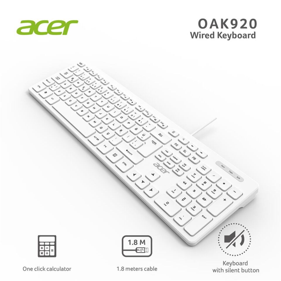 Acer OAK920 Q Usb Beyaz 1.8mt Kablolu Klavye-Tek Tuş Hesap Makinalı (Sessiz Tuş)
