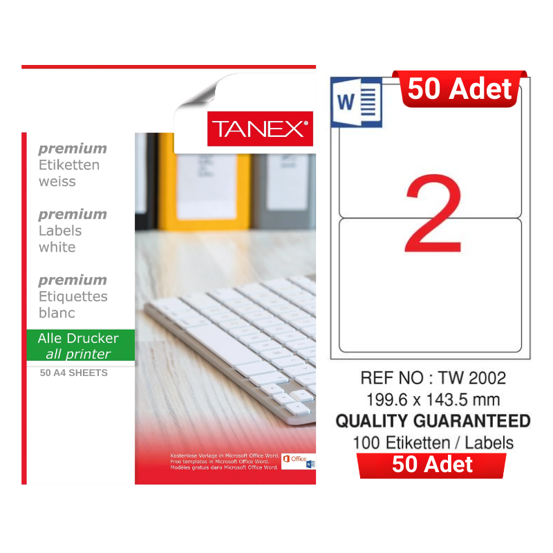 tanex-tw-2002-199-6x143-5-mm-inkjet-laser-a4-etiket-yetkili-satici-50-adet-3027 TANEX TW-2002 199,6x143,5 mm Inkjet / Laser A4 Etiket YETKİLİ SATICI (50 Adet) - Görsel 1