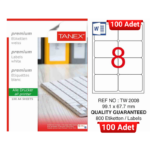 TANEX TW-2008 99,1x67,7 mm Inkjet / Laser A4 Etiket YETKİLİ SATICI (100 Adet)