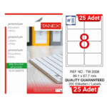 TANEX TW-2008 99,1x67,7 mm Inkjet / Laser A4 Etiket YETKİLİ SATICI (25 Adet)