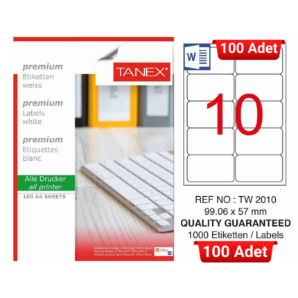 TANEX TW-2010 99,06x57 mm Inkjet / Laser A4 Etiket YETKİLİ SATICI (100 Adet)