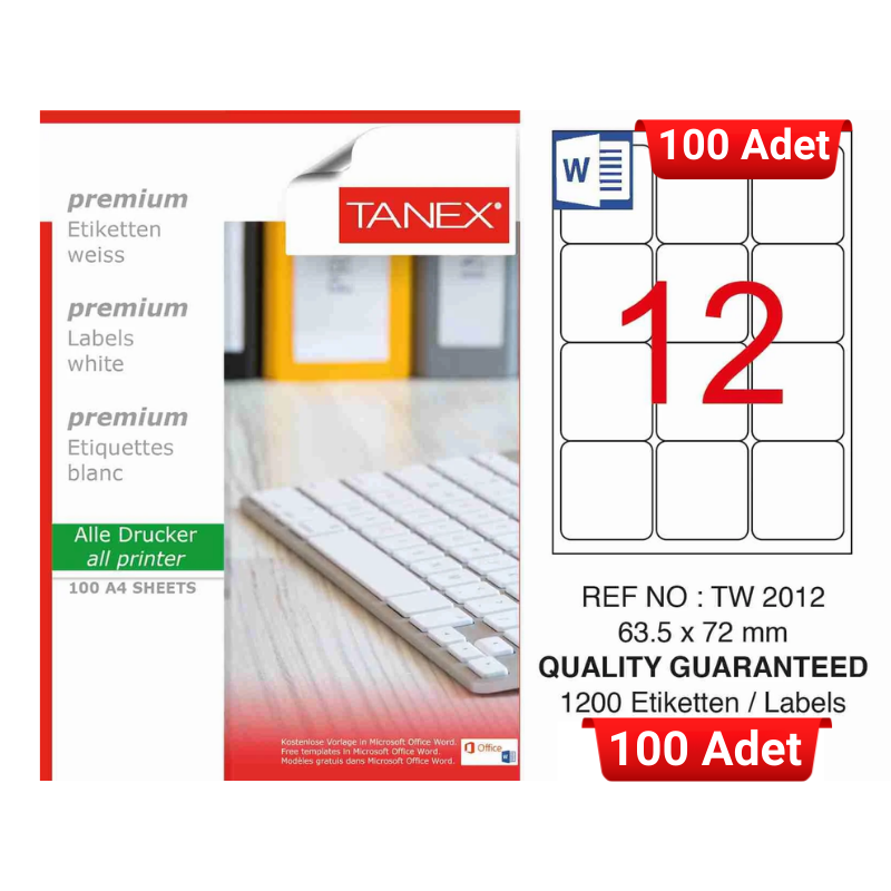 tanex-tw-2012-63-5x72-mm-inkjet-laser-a4-etiket-yetkili-satici-100-adet-3040 TANEX TW-2012 63,5x72 mm Inkjet / Laser A4 Etiket YETKİLİ SATICI (100 Adet) - Görsel 1