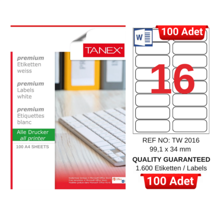 TANEX TW-2016 99,1x34 mm Inkjet / Laser A4 Etiket YETKİLİ SATICI (100 Adet)