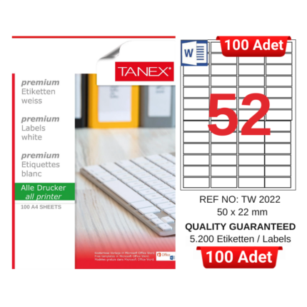 TANEX TW-2022 50x22 mm Inkjet / Laser A4 Etiket YETKİLİ SATICI (100 Adet)
