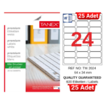 TANEX TW-2024 64x34 mm Inkjet / Laser A4 Etiket YETKİLİ SATICI (25 Adet)