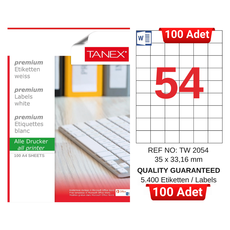 tanex-tw-2054-35x33-16-mm-inkjet-laser-a4-etiket-yetkili-satici-100-adet-3077 TANEX TW-2054 35x33,16 mm Inkjet / Laser A4 Etiket YETKİLİ SATICI (100 Adet) - Görsel 1