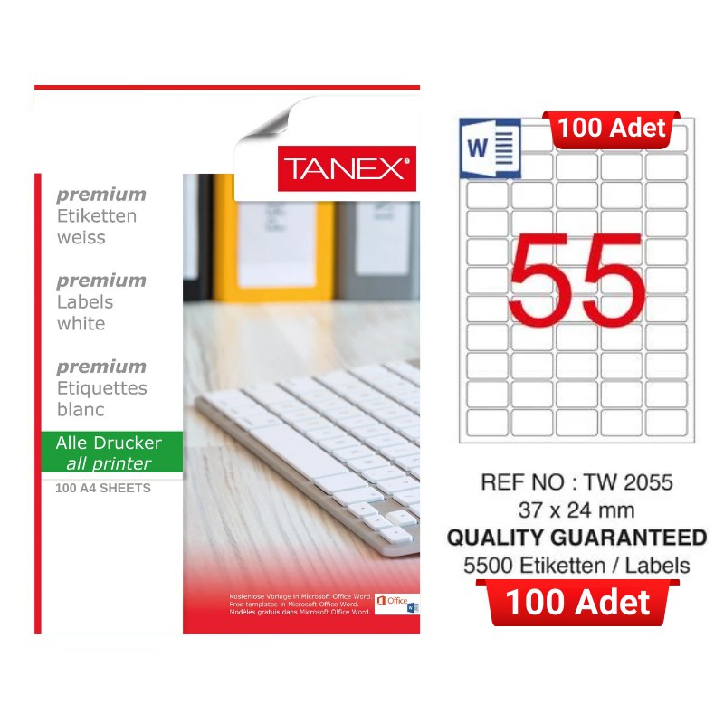 tanex-tw-2055-37x24-mm-inkjet-laser-a4-etiket-yetkili-satici-100-adet-3078 TANEX TW-2055 37x24 mm Inkjet / Laser A4 Etiket YETKİLİ SATICI (100 Adet) - Görsel 1