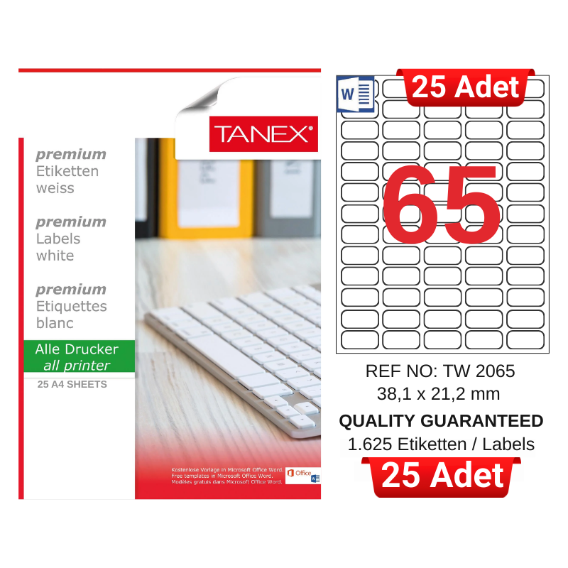 tanex-tw-2065-38-1x21-2-mm-inkjet-laser-a4-etiket-yetkili-satici-25-adet-3082 TANEX TW-2065 38,1x21,2 mm Inkjet / Laser A4 Etiket YETKİLİ SATICI (25 Adet) - Görsel 1
