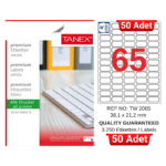 TANEX TW-2065 38,1x21,2 mm Inkjet / Laser A4 Etiket YETKİLİ SATICI (50 Adet)