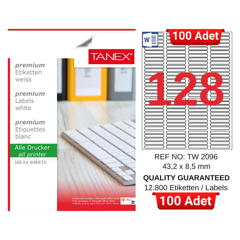 tanex-tw-2096-43-2x8-5-mm-inkjet-laser-a4-etiket-yetkili-satici-100-adet-3091 TANEX TW-2096 43,2x8,5 mm Inkjet / Laser A4 Etiket YETKİLİ SATICI (100 Adet) - Görsel 1