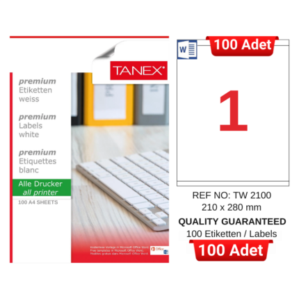 TANEX TW-2100 210x280 mm Inkjet / Laser A4 Etiket YETKİLİ SATICI (100 Adet)