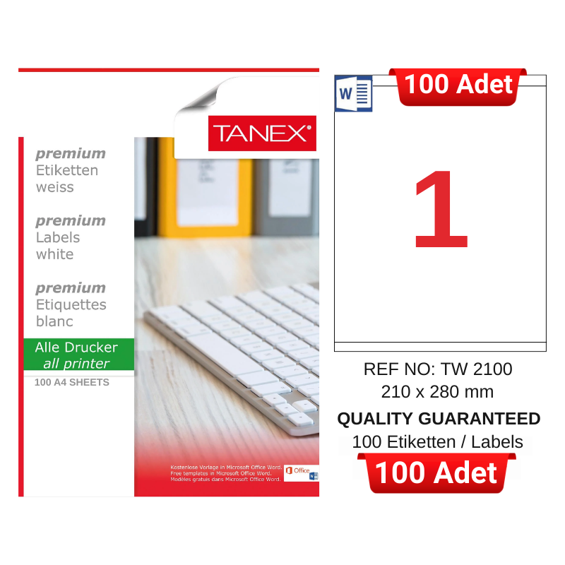 tanex-tw-2100-210x280-mm-inkjet-laser-a4-etiket-yetkili-satici-100-adet-3092 TANEX TW-2100 210x280 mm Inkjet / Laser A4 Etiket YETKİLİ SATICI (100 Adet) - Görsel 1