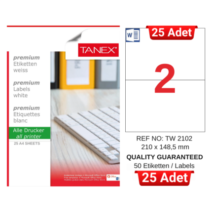 TANEX TW-2102 210x148,5 mm Inkjet / Laser A4 Etiket YETKİLİ SATICI (25 Adet)