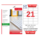TANEX TW-2121 70x38 mm Inkjet / Laser A4 Etiket YETKİLİ SATICI (100 Adet)