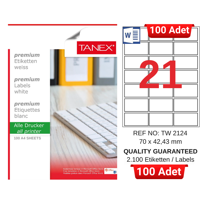 tanex-tw-2124-70x42-43-mm-inkjet-laser-a4-etiket-yetkili-satici-100-adet-3109 TANEX TW-2124 70x42,43 mm Inkjet / Laser A4 Etiket YETKİLİ SATICI (100 Adet) - Görsel 1