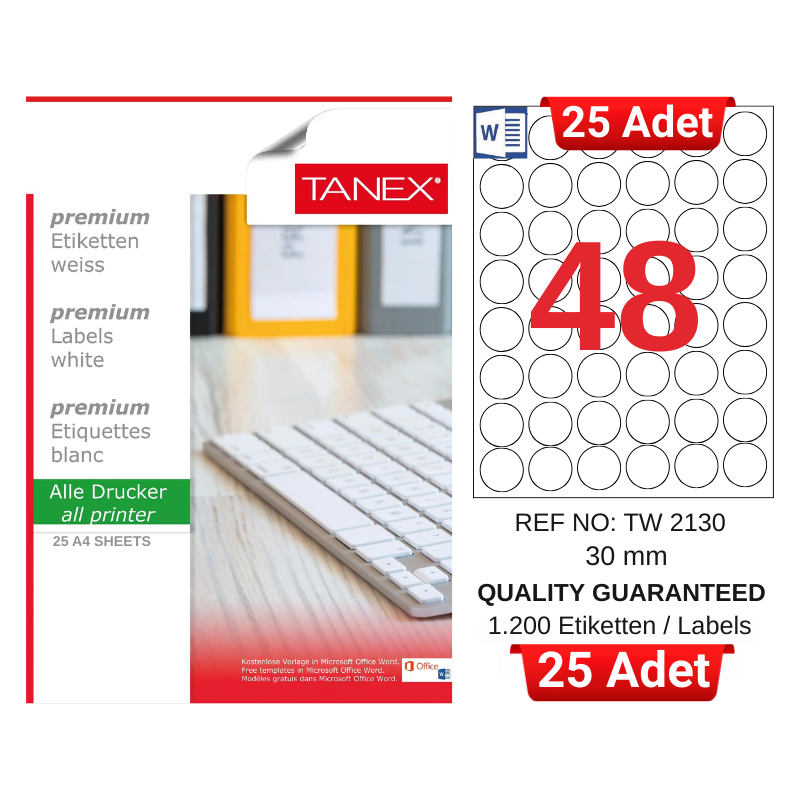 tanex-tw-2130-30-mm-inkjet-laser-a4-etiket-yetkili-satici-25-adet-3112 TANEX TW-2130 30 mm Inkjet / Laser A4 Etiket YETKİLİ SATICI (25 Adet) - Görsel 1