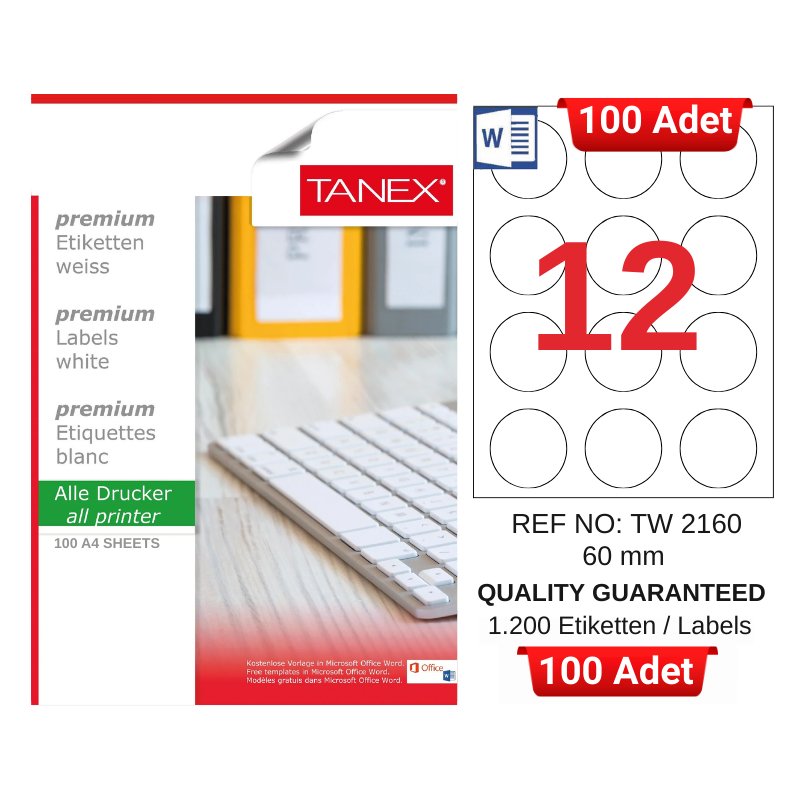 tanex-tw-2160-60-mm-inkjet-laser-a4-etiket-yetkili-satici-100-adet-3121 TANEX TW-2160 60 mm Inkjet / Laser A4 Etiket YETKİLİ SATICI (100 Adet) - Görsel 1