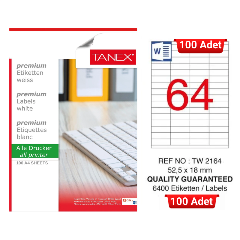 tanex-tw-2164-52-5x18-mm-inkjet-laser-a4-etiket-yetkili-satici-100-adet-3123 TANEX TW-2164 52,5x18 mm Inkjet / Laser A4 Etiket YETKİLİ SATICI (100 Adet) - Görsel 1