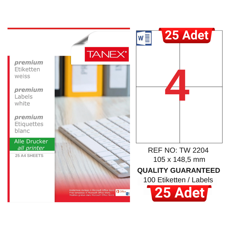 tanex-tw-2204-105x148-5-mm-inkjet-laser-a4-etiket-yetkili-satici-25-adet-3131 TANEX TW-2204 105x148,5 mm Inkjet / Laser A4 Etiket YETKİLİ SATICI (25 Adet) - Görsel 1