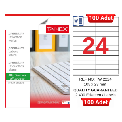 TANEX TW-2224 105x23 mm Inkjet / Laser A4 Etiket YETKİLİ SATICI (100 Adet)