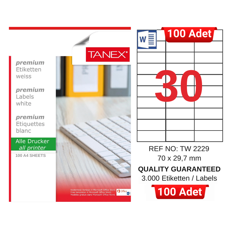tanex-tw-2229-70x29-7-mm-inkjet-laser-a4-etiket-yetkili-satici-100-adet-3139 TANEX TW-2229 70x29,7 mm Inkjet / Laser A4 Etiket YETKİLİ SATICI (100 Adet) - Görsel 1