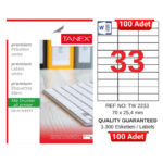 TANEX TW-2233 70x25,4 mm Inkjet / Laser A4 Etiket YETKİLİ SATICI (100 Adet)