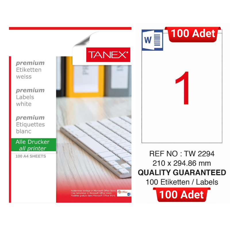 tanex-tw-2294-210x294-86-mm-inkjet-laser-a4-etiket-yetkili-satici-100-adet-3151 TANEX TW-2294 210x294,86 mm Inkjet / Laser A4 Etiket YETKİLİ SATICI (100 Adet) - Görsel 1