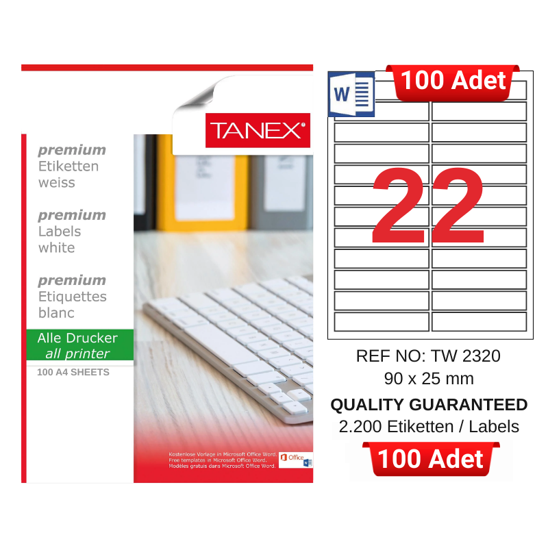 tanex-tw-2320-90x25-mm-inkjet-laser-a4-etiket-yetkili-satici-100-adet-3161 TANEX TW-2320 90x25 mm Inkjet / Laser A4 Etiket YETKİLİ SATICI (100 Adet) - Görsel 1