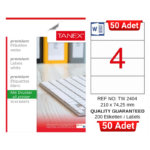 TANEX TW-2404 210x74,25 mm Inkjet / Laser A4 Etiket YETKİLİ SATICI (50 Adet)