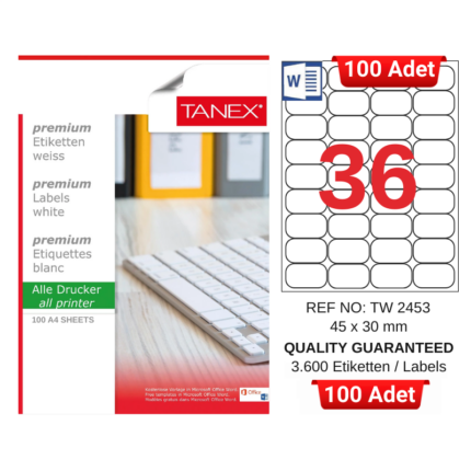 TANEX TW-2453 45x30 mm Inkjet / Laser A4 Etiket YETKİLİ SATICI (100 Adet)