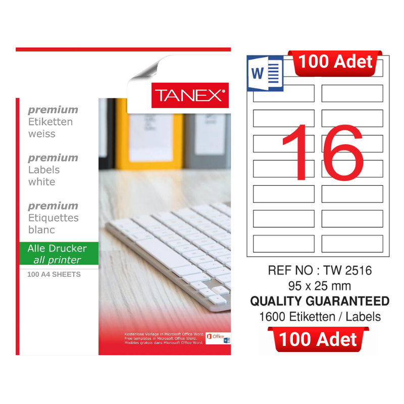 tanex-tw-2516-95x25-mm-inkjet-laser-a4-etiket-yetkili-satici-100-adet-3184 TANEX TW-2516 95x25 mm Inkjet / Laser A4 Etiket YETKİLİ SATICI (100 Adet) - Görsel 1
