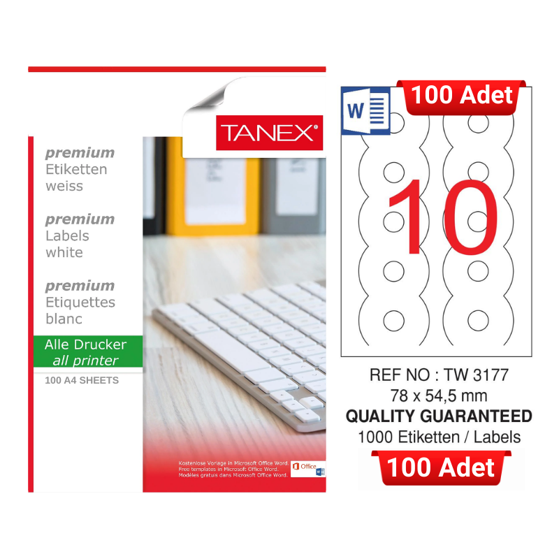 tanex-tw-3177-78x54-5-mm-inkjet-laser-a4-etiket-yetkili-satici-100-adet-3202 TANEX TW-3177 78x54,5 mm Inkjet / Laser A4 Etiket YETKİLİ SATICI (100 Adet) - Görsel 1