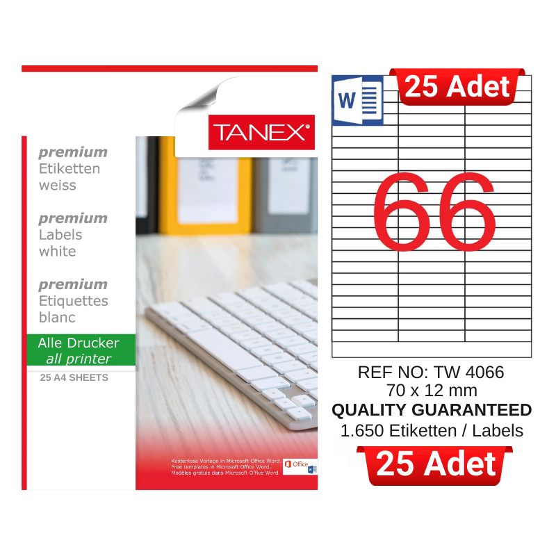 tanex-tw-4066-70x12-mm-inkjet-laser-a4-etiket-yetkili-satici-25-adet-3205 TANEX TW-4066 70x12 mm Inkjet / Laser A4 Etiket YETKİLİ SATICI (25 Adet) - Görsel 1